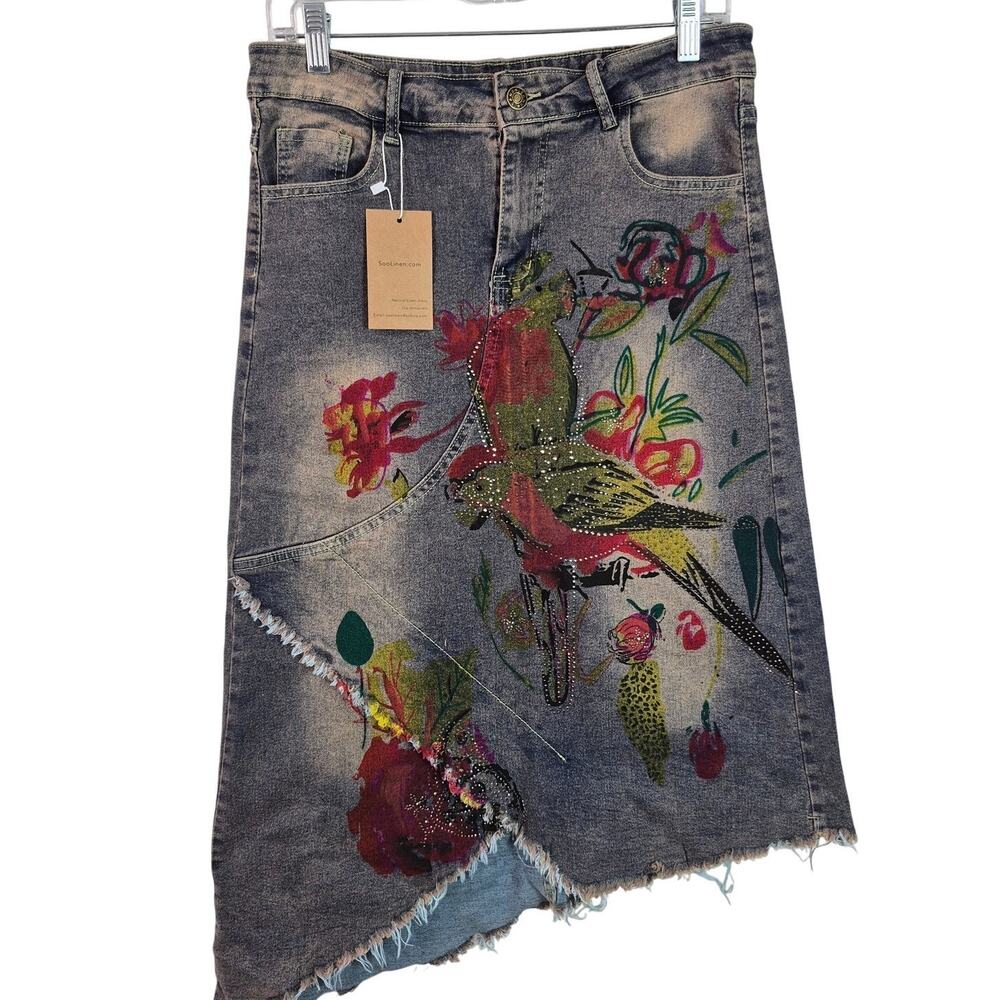 Soolinen Denim Offset Raw Hem Embellished Painted Rhinestone BOHO Skirt Medium - Picture 2 of 4